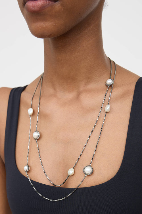 David Yurman Sterling Silver Pearl Station Necklace