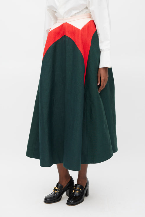 Delpozo SS 2015 Green Red & Pink lLinen A-Line Skirt