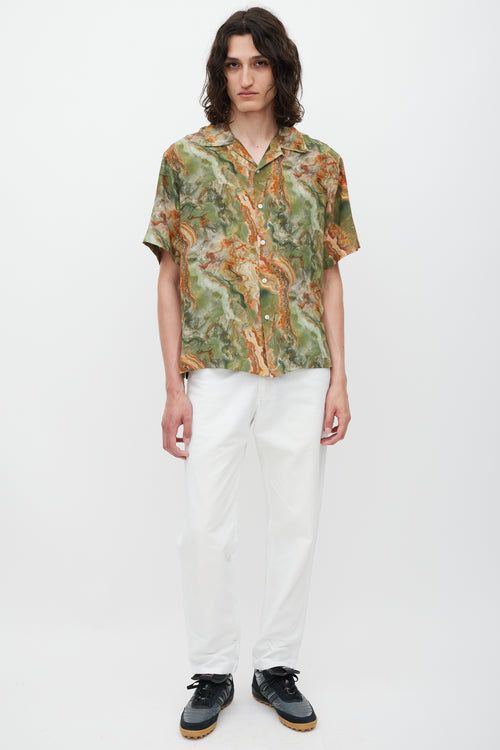 Deveaux Green & Brown Silk Marble Printed Shirt