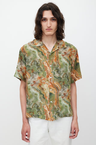 Deveaux Green & Brown Silk Marble Printed Shirt