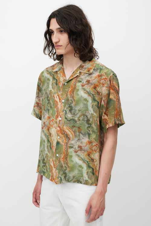Deveaux Green & Brown Silk Marble Printed Shirt