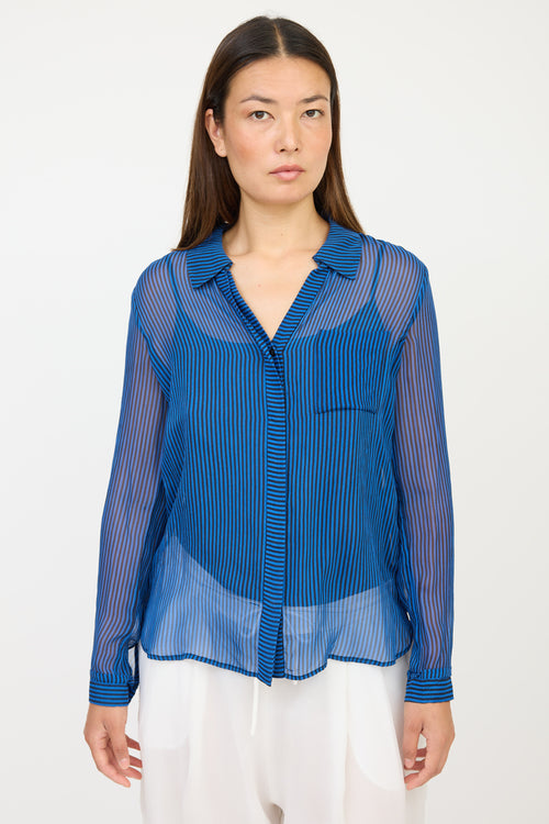 Diane von Furstenberg Blue & Black Striped Sheer Shirt