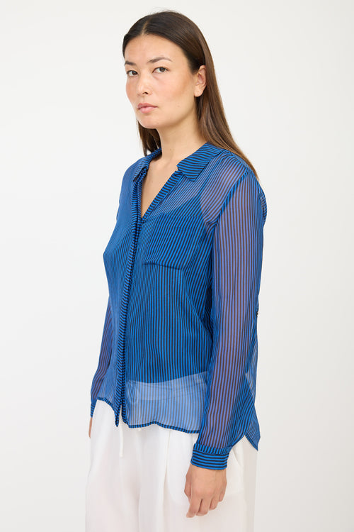 Diane von Furstenberg Blue & Black Striped Sheer Shirt