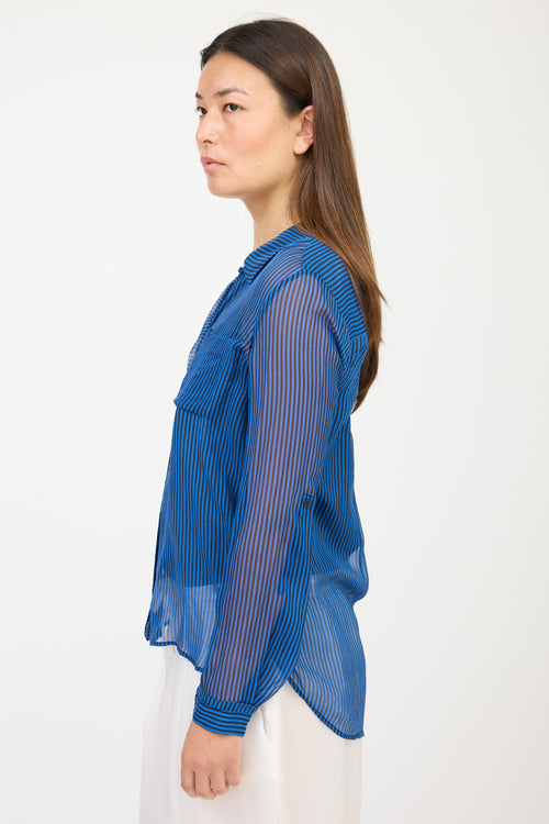 Diane von Furstenberg Blue & Black Striped Sheer Shirt