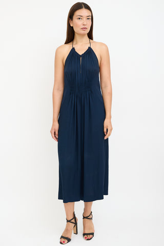 Diane von Furstenberg Navy Silk Pleated Halterneck Jumpsuit