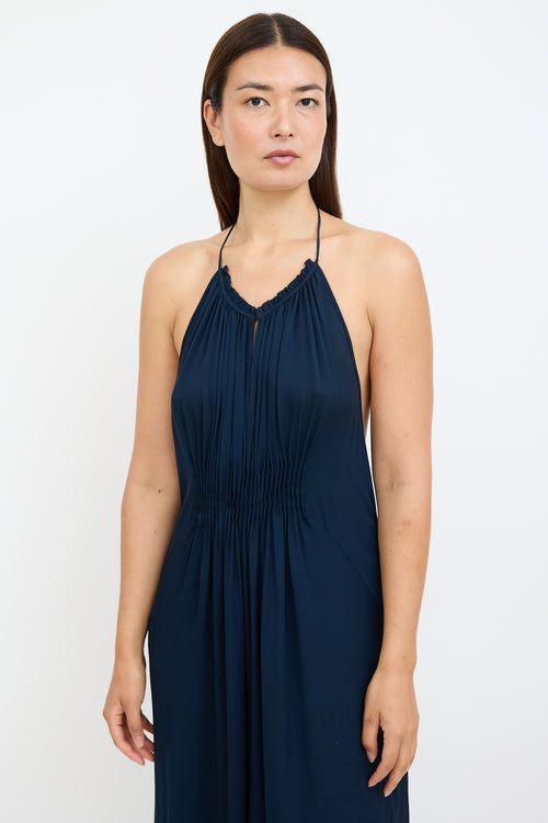 Diane von Furstenberg Navy Silk Pleated Halterneck Jumpsuit