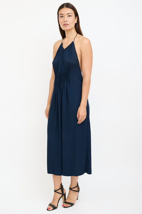 Diane von Furstenberg Navy Silk Pleated Halterneck Jumpsuit