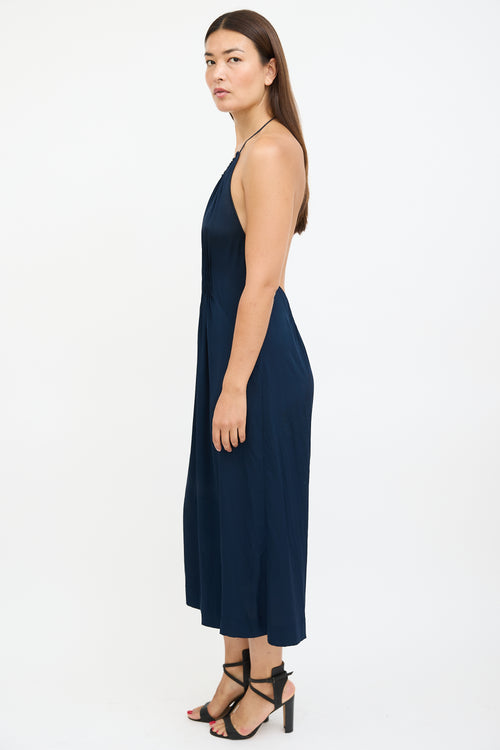 Diane von Furstenberg Navy Silk Pleated Halterneck Jumpsuit