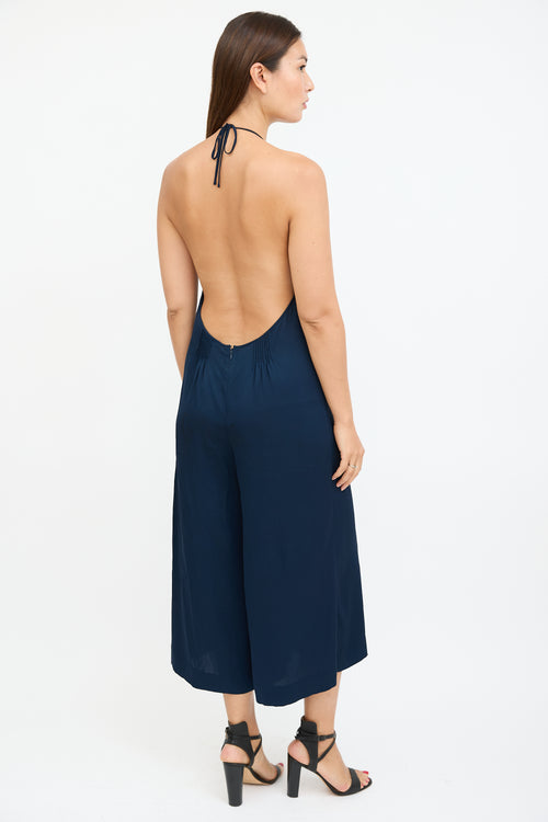 Diane von Furstenberg Navy Silk Pleated Halterneck Jumpsuit