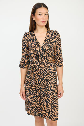 Diane von Furstenberg Beige & Black Silk Geometric Wrap Dress