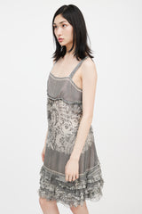 Diane von Furstenberg Grey & Beige Lace Printed Ruffled Dress