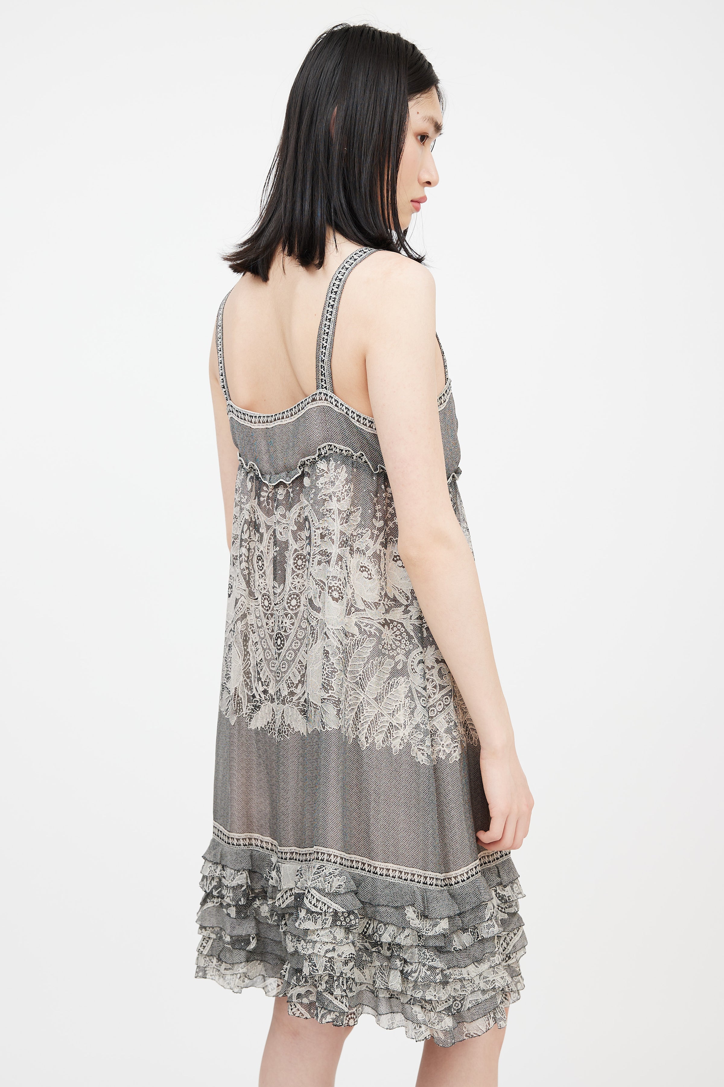 Diane von Furstenberg // Grey & Beige Lace Printed Ruffled Dress VSP Consignment Diane von Furstenberg // Grey & Beige Lace Printed Ruffled Dress VSP Consignment