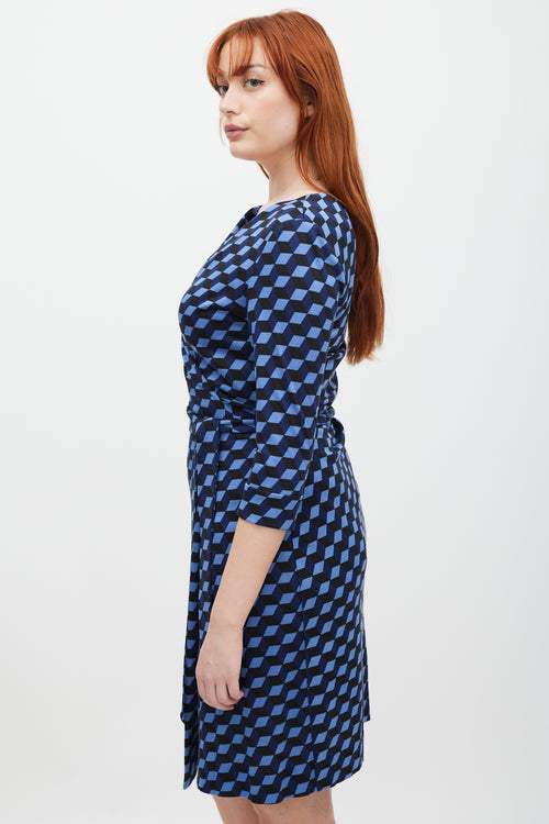 Diane Von Furstenberg Navy & Black Silk Geometric Wrap Dress