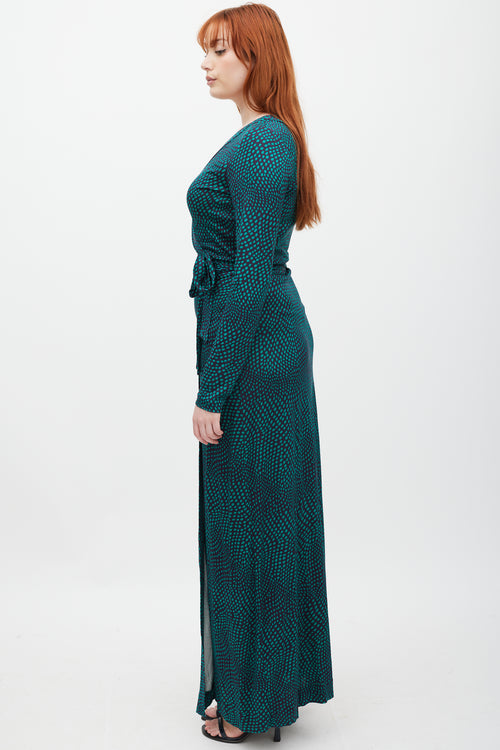 Diane Von Furstenberg Navy & Green Silk Polka Dot Wrap Dress
