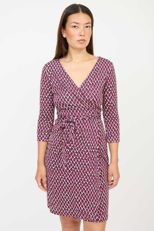 Diane von Furstenberg Purple & Cream Silk Patterned Wrap Dress