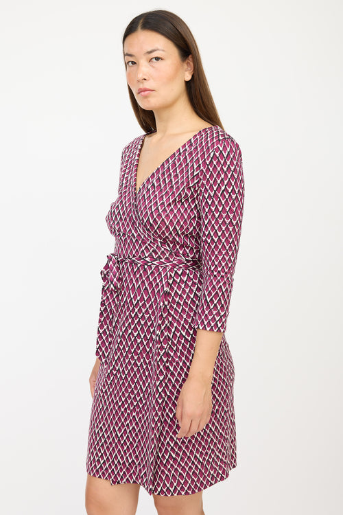 Diane von Furstenberg Purple & Cream Silk Patterned Wrap Dress