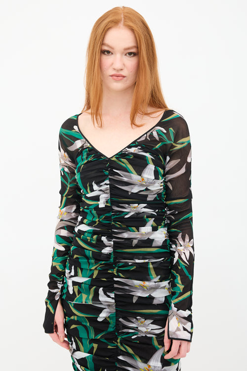 Diane von Furstenberg Ruched Mesh Camille Floral Dress