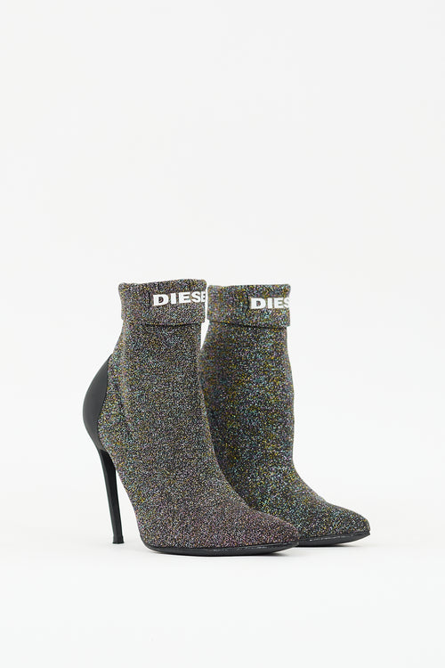 Diesel Black & Multi Sparkle D-Slanty Sock Knit Boot