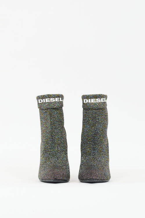 Diesel Black & Multi Sparkle D-Slanty Sock Knit Boot