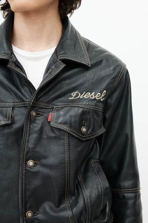 Diesel Black & Multicolour Embroidered Logo Leather Jacket