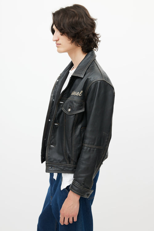 Diesel Black & Multicolour Embroidered Logo Leather Jacket