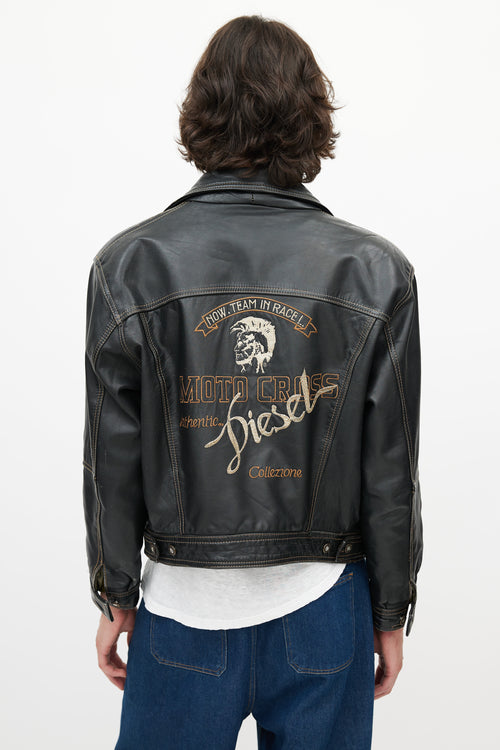 Diesel Black & Multicolour Embroidered Logo Leather Jacket