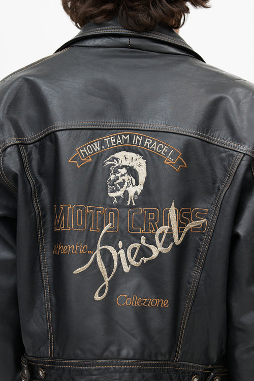 Diesel Black & Multicolour Embroidered Logo Leather Jacket