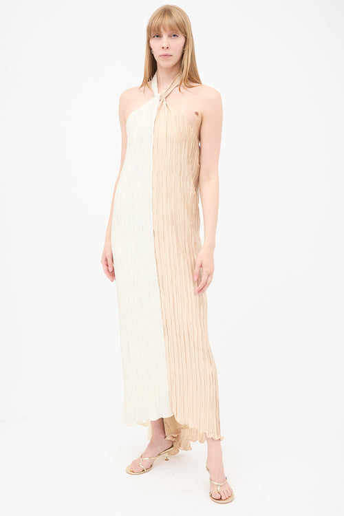 Dima Ayad Cream & Beige Satin Pleated Half & Half Maxi Dress