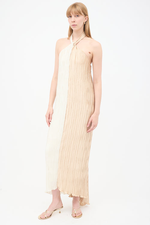 Dima Ayad Cream & Beige Satin Pleated Half & Half Maxi Dress