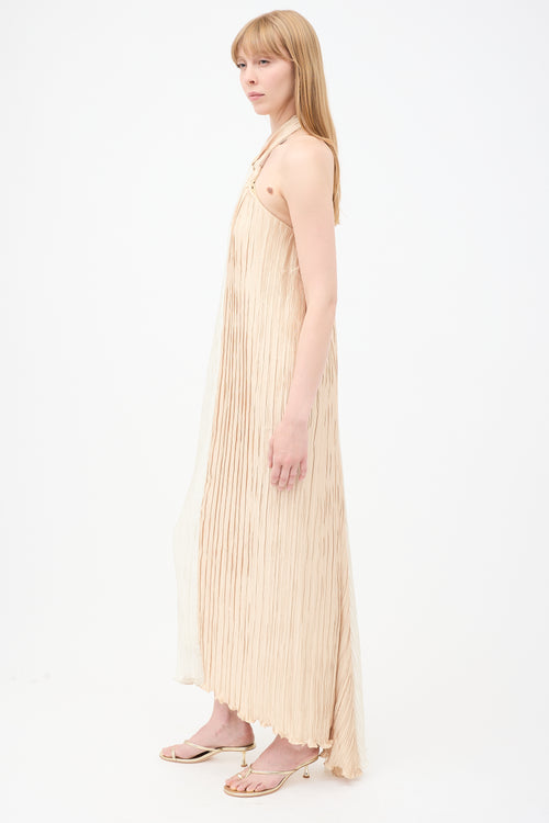 Dima Ayad Cream & Beige Satin Pleated Half & Half Maxi Dress