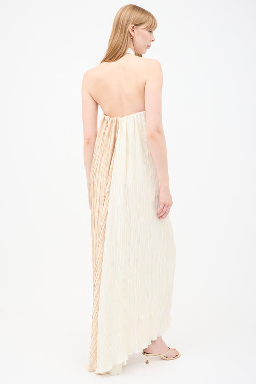 Dima Ayad Cream & Beige Satin Pleated Half & Half Maxi Dress