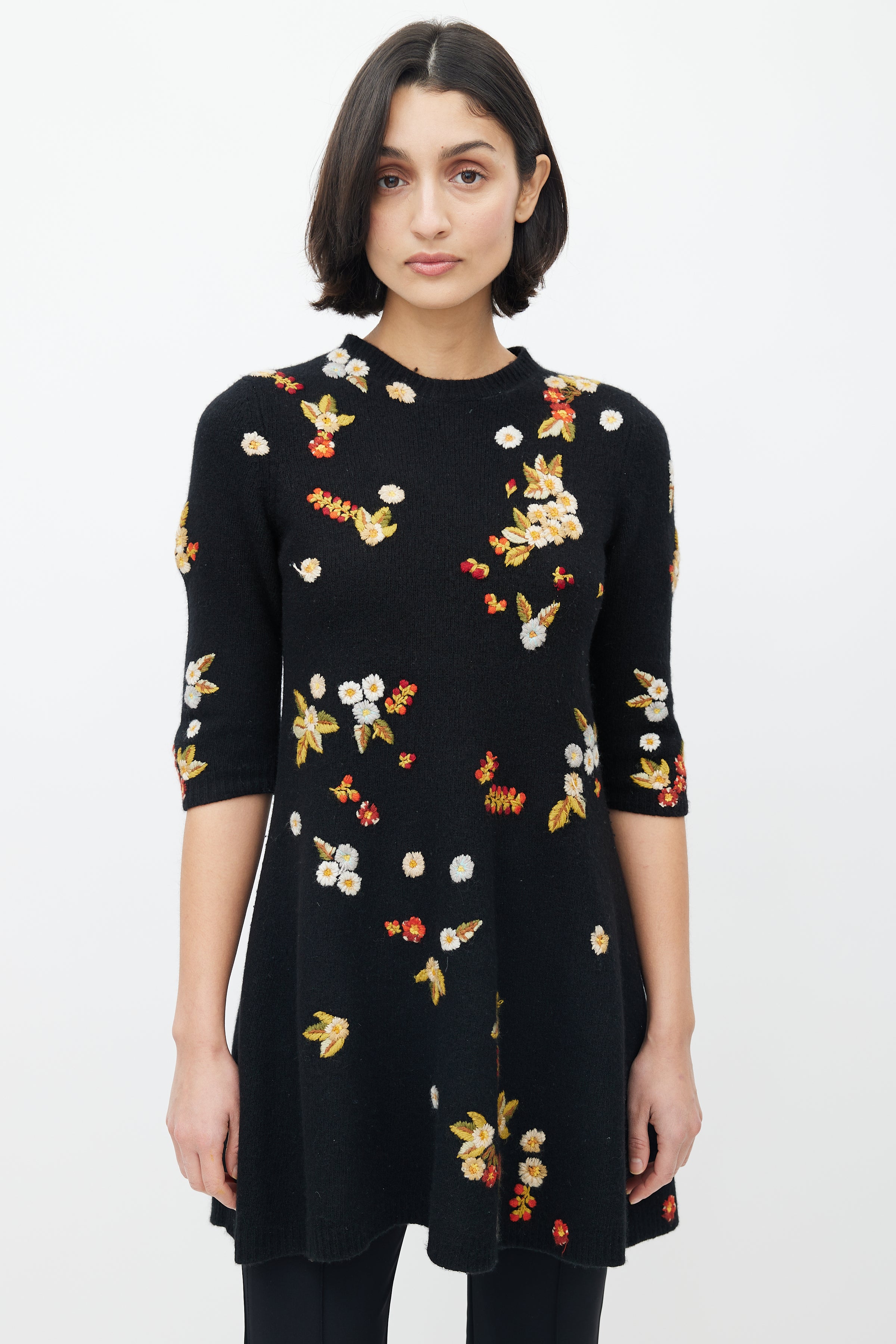 Dior // Black Knit Floral Embroidered Dress VSP Consignment Dior // Black Knit Floral Embroidered Dress VSP Consignment
