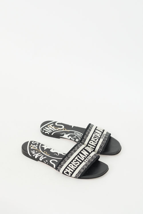 Dior Black & White Cotton Embroidered Dway Slide