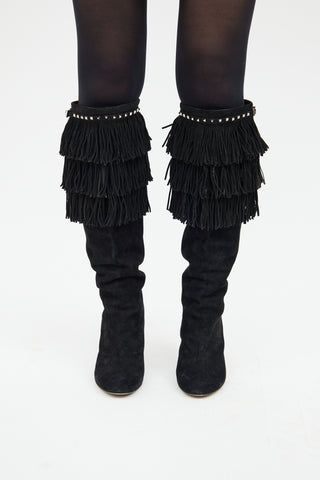 Black Suede Stud & Fringe Boot