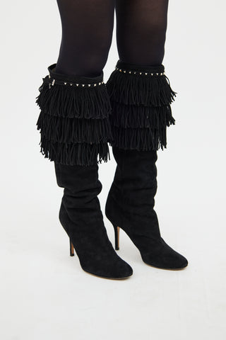 Black Suede Stud & Fringe Boot