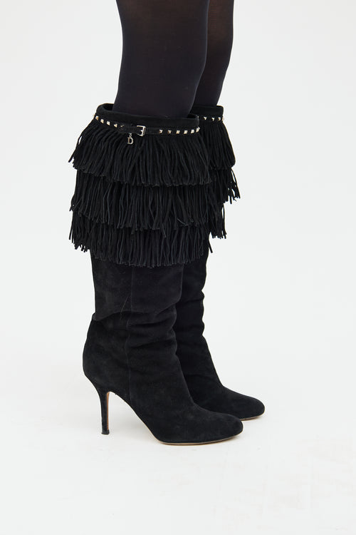 Black Suede Stud & Fringe Boot