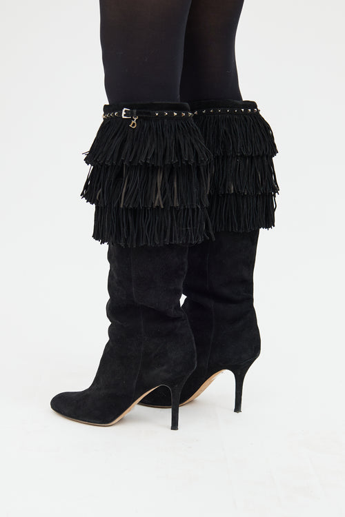 Black Suede Stud & Fringe Boot