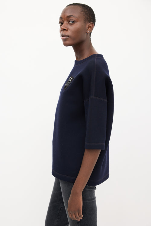 Dior Navy Neoprene Embellished Short Sleeve Top