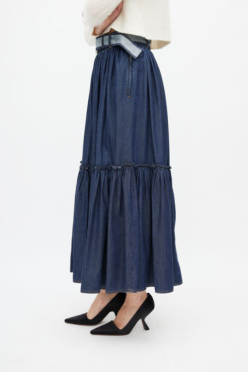 Dior Navy Denim Gathered Belted Skirt