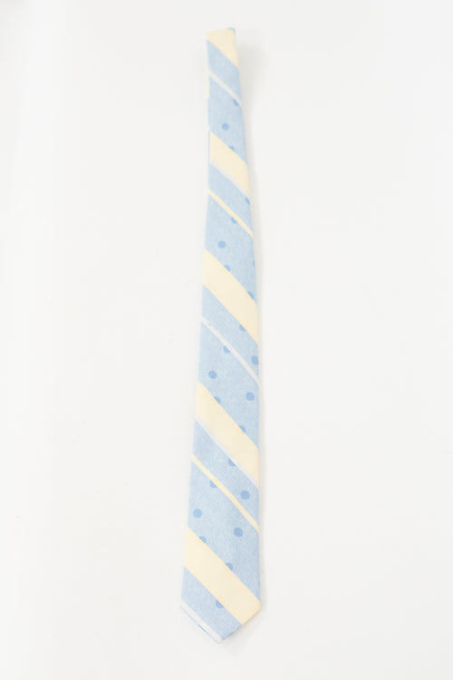 Dior Vintage Light Blue & Cream Striped Polka Dot Tie