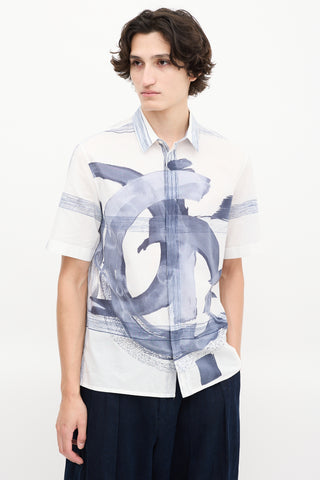 Dior White & Blue Cotton Printed Short Sleeve Shirt