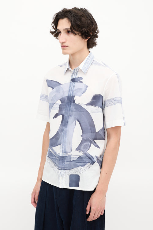 Dior White & Blue Cotton Printed Short Sleeve Shirt