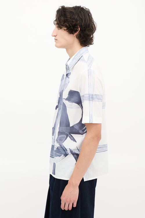 Dior White & Blue Cotton Printed Short Sleeve Shirt