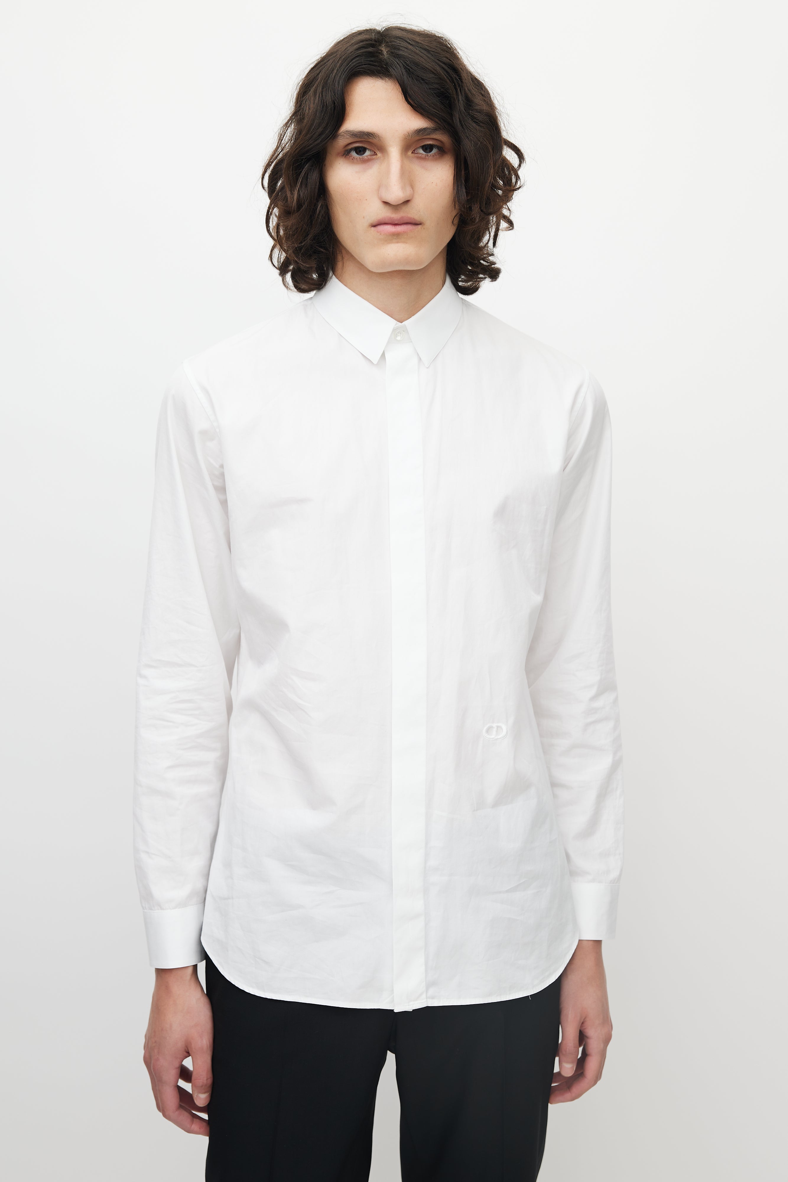 dior white dress shirt Christian Dior button up shirt rn 98159 151-1/2 32/33 Solid White Vintage NOS