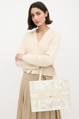 Dior White & Gold Canvas Zodiac Embroidered Medium Book Tote Bag