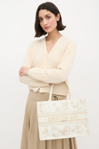 Dior White & Gold Canvas Zodiac Embroidered Medium Book Tote Bag