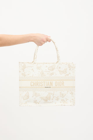 Dior White & Gold Canvas Zodiac Embroidered Medium Book Tote Bag