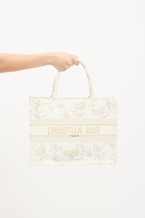 Dior White & Gold Canvas Zodiac Embroidered Medium Book Tote Bag