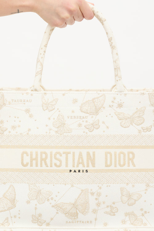 Dior White & Gold Canvas Zodiac Embroidered Medium Book Tote Bag