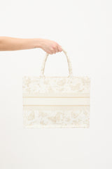Dior White & Gold Canvas Zodiac Embroidered Medium Book Tote Bag